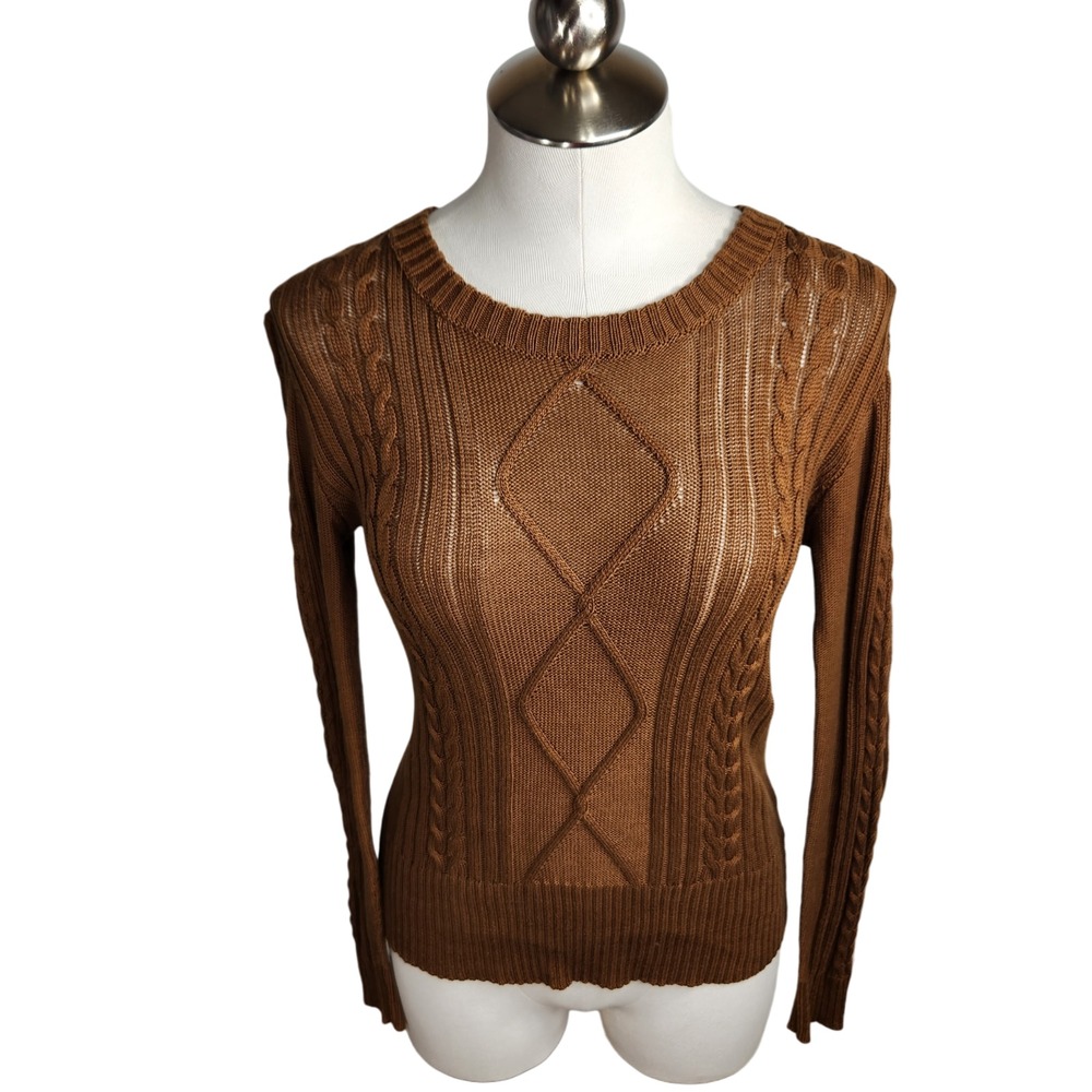 Peruvian Connection Sweater XS Amber Sienna Cable Knit Pima Cotton Pullover - Picture 2 of 13